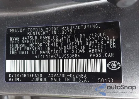 2020 Toyota Camry Le z USA, uszkodzony, nr VIN 4T1L11AK7LU953684